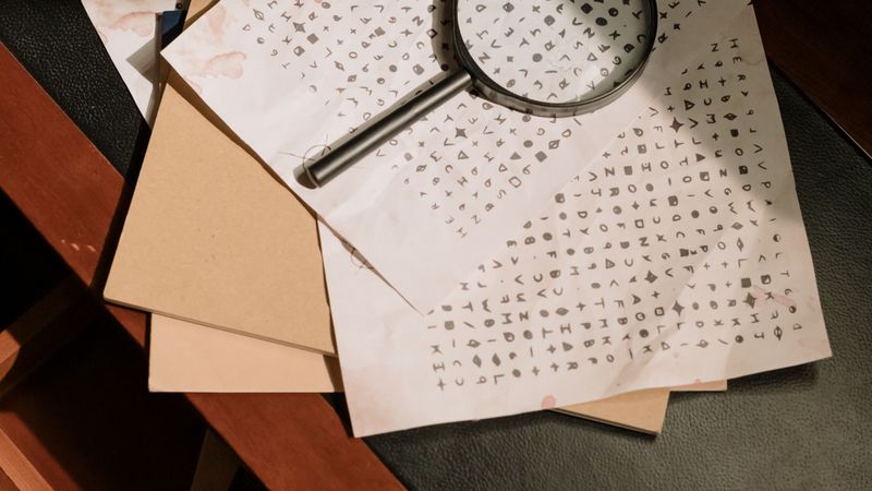 桌面上神秘字符代码与放大镜的组合